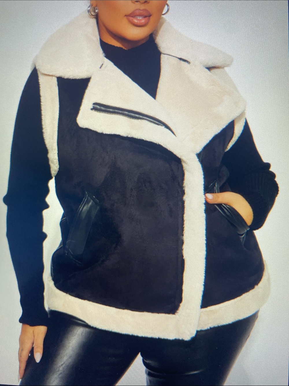 Fashion Nova Black & Cream Faux Shearling Moto Vest